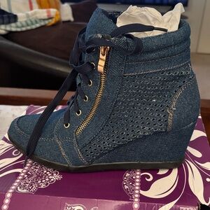 Forever New Blue Denim Wedge Sneakers